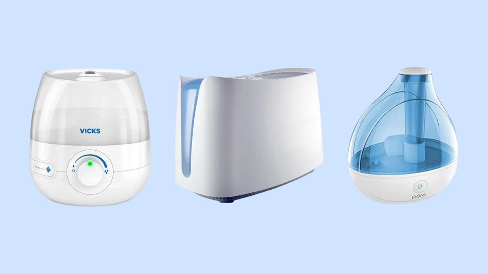 Three of the best humidifiers for babies on a light blue background