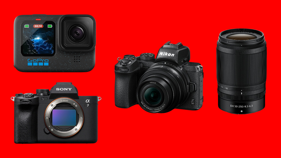 Three of the best cameras on a bright red background