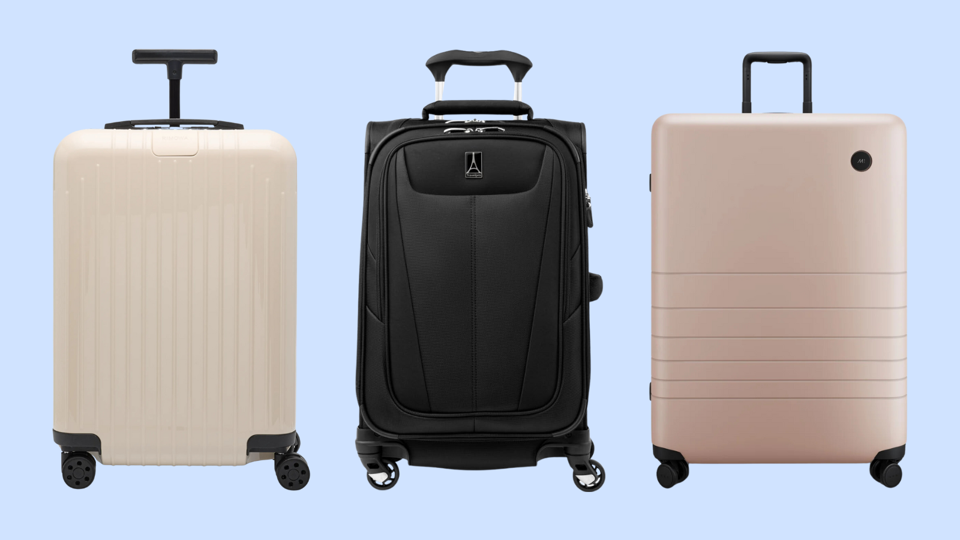 Three suitcases on a light blue background.