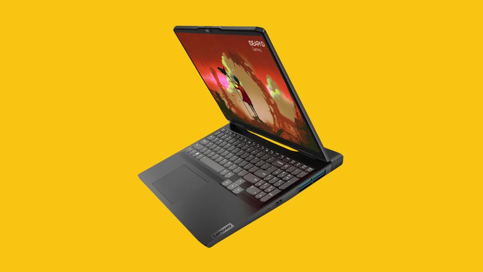 A yellow background featuring a product shot of a black Lenovo IdeaPad Gaming 3 laptop. 