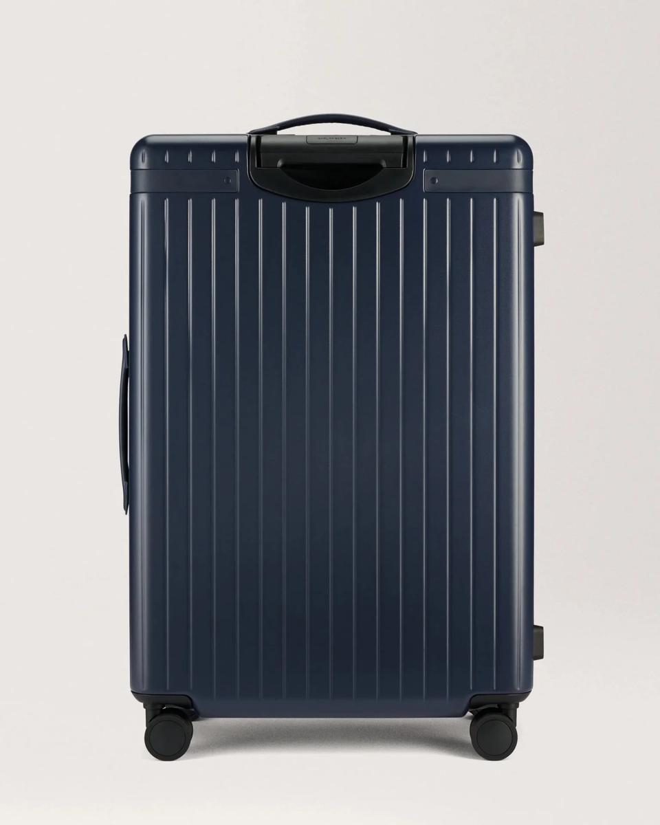 Blue suitcase against a white background.