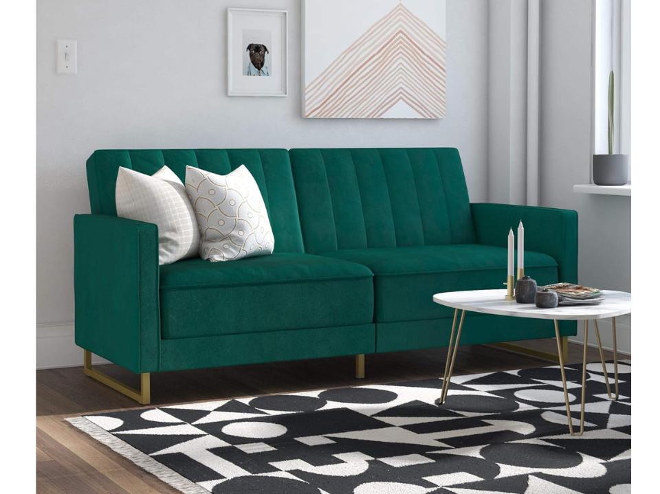 green novogratz skyler Coil Futon with gold legs in modern-style living room w/ white wall