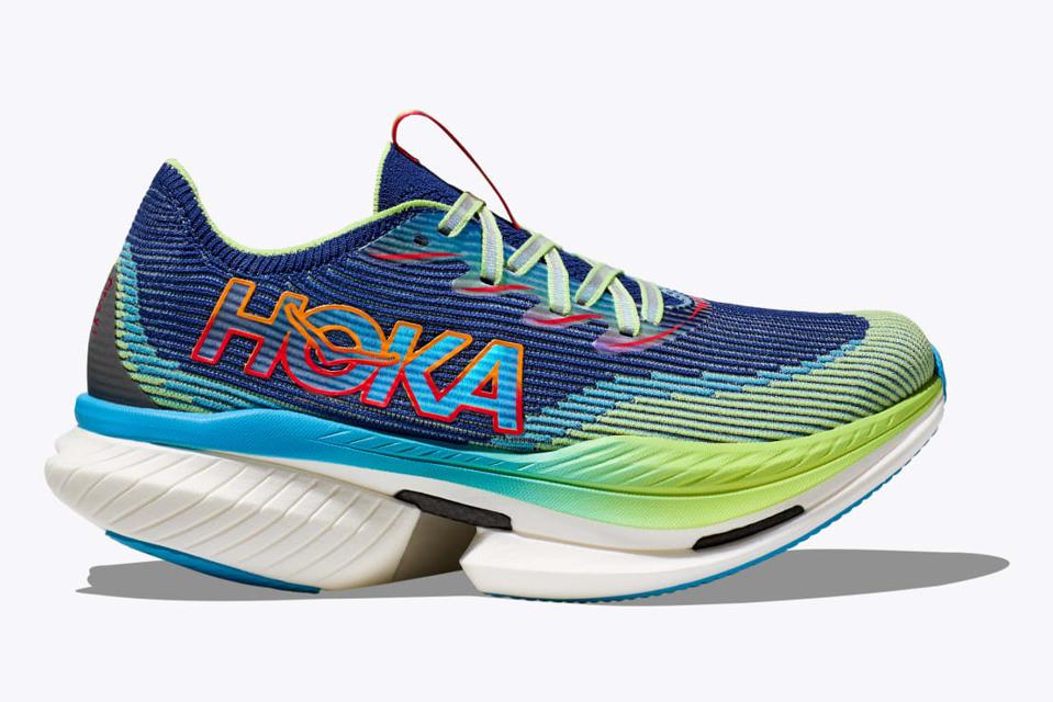 Hoka Cielo X1 racing shoe in blue and green