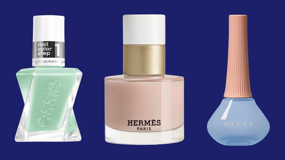 Essie, Hermes, and Gucci nail polishes on blue background