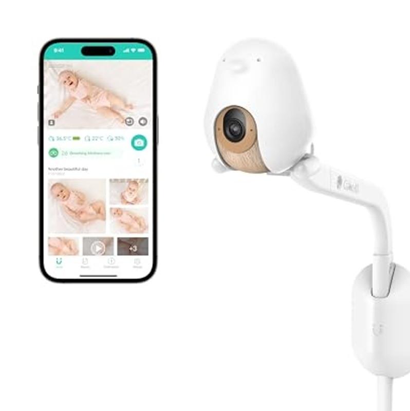 Cubo Ai Plus Smart Baby Monitor with Next to Phone showing Baby monitor's App