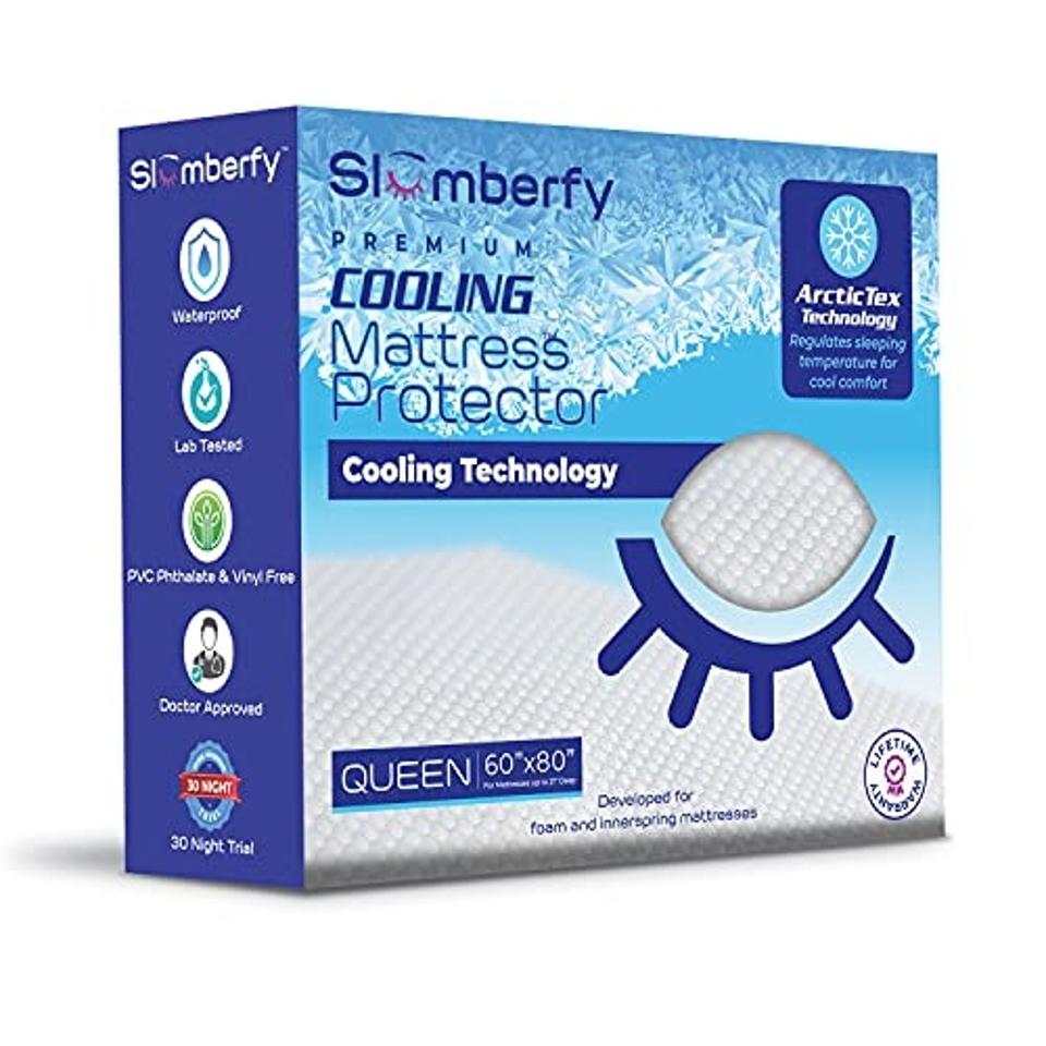 Slumberfy Waterproof Cooling Mattress Protector in the box on a white background