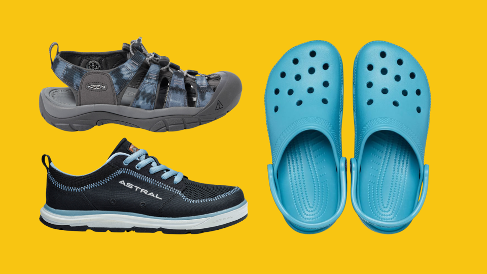 Three of the best water shoes of 2024 against a yellow background.