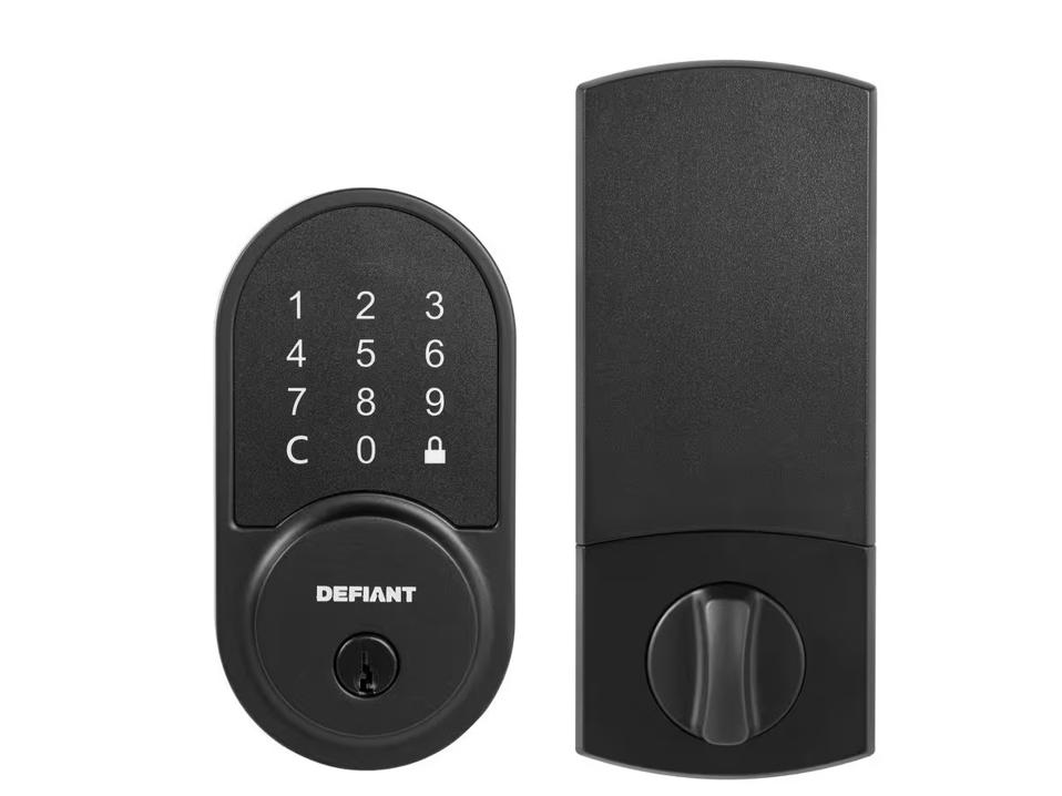 Defiant Round Aged Black Smart Wi-Fi Deadbolt and matching keypad on a white background