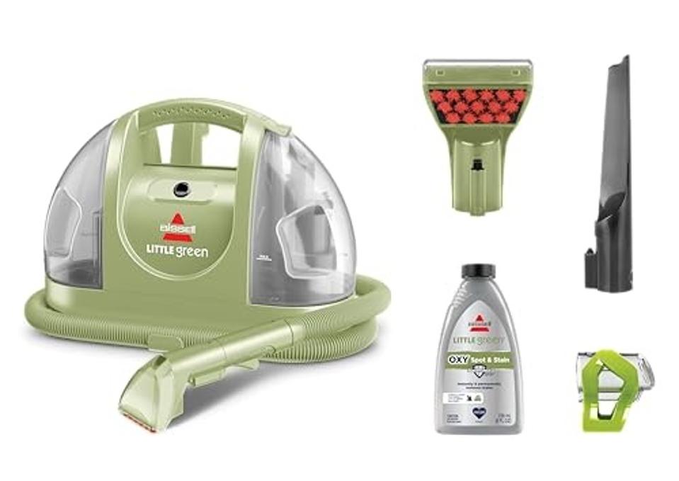 Product shot of the Bissell Little Green Multi-Purpose Portable Cleaner with accessories.