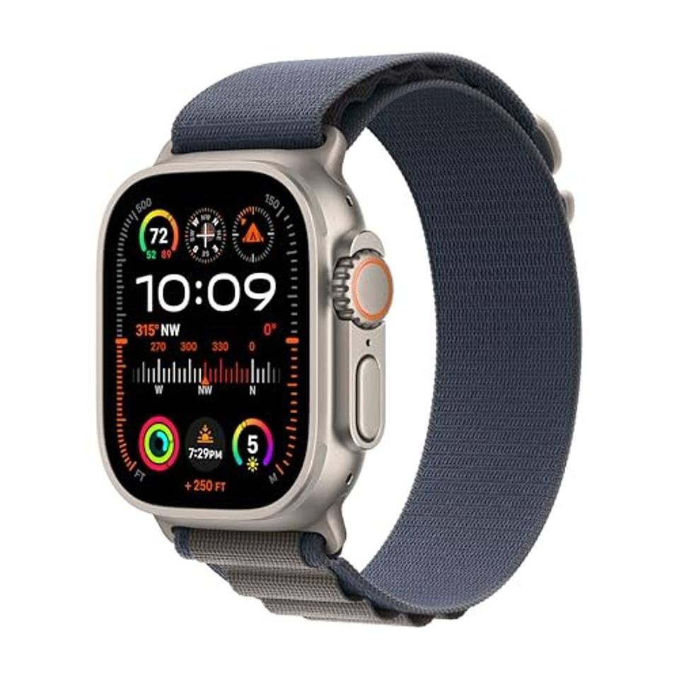 Apple Watch Ultra 2 in silver with a blue wristband