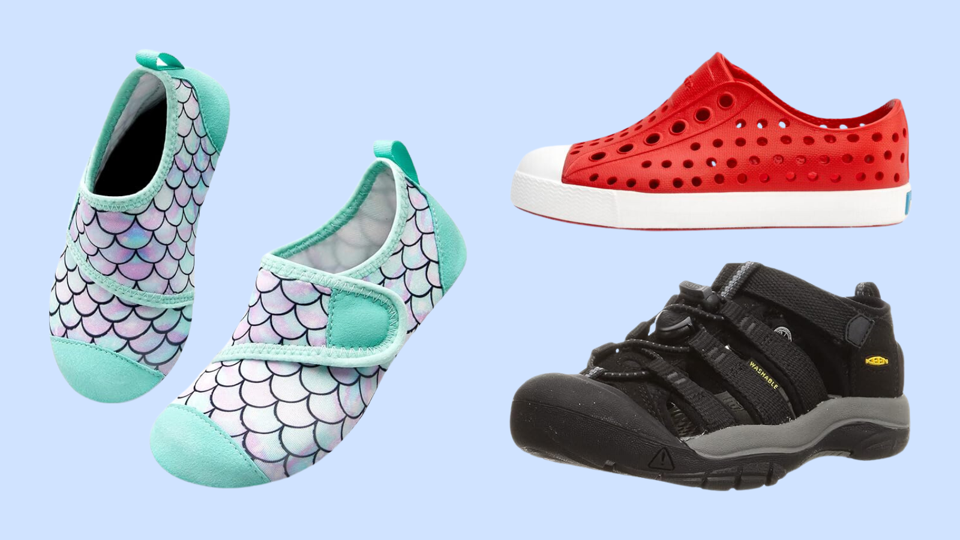 Three different examples of kids water shoes on a light blue background