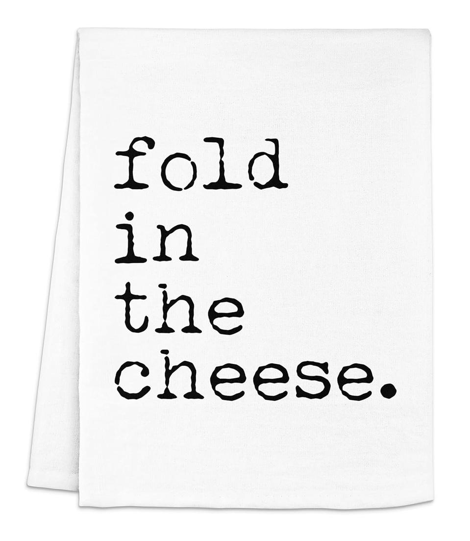 Fold In The Cheese Kitchen Towel white cotton flour sack on white background