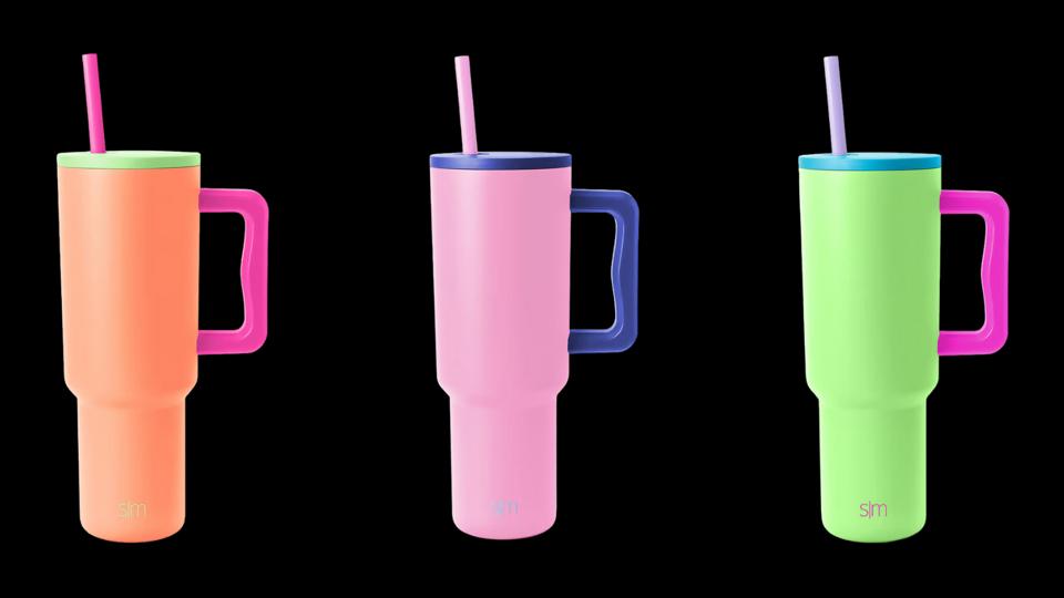 A collage of three colorful Simple Modern drink cups on a black background