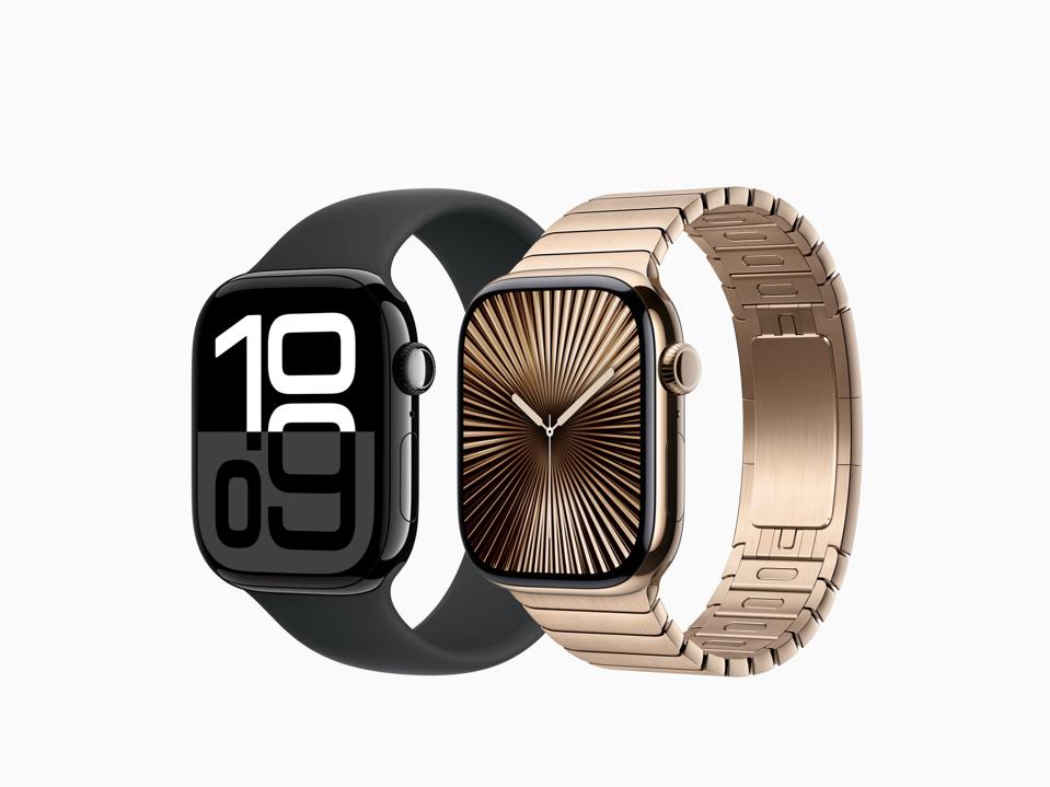 Apple Watch Series 10 in black and gold on a white background