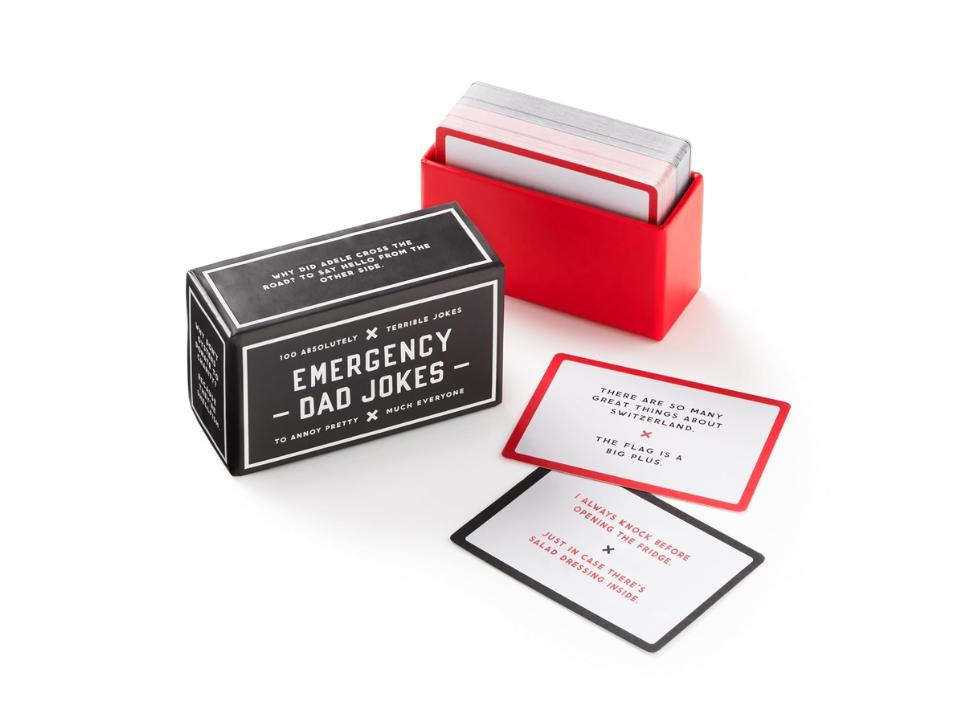 Brass Monkey Emergency Dad Jokes set with 2 cards out on white surface