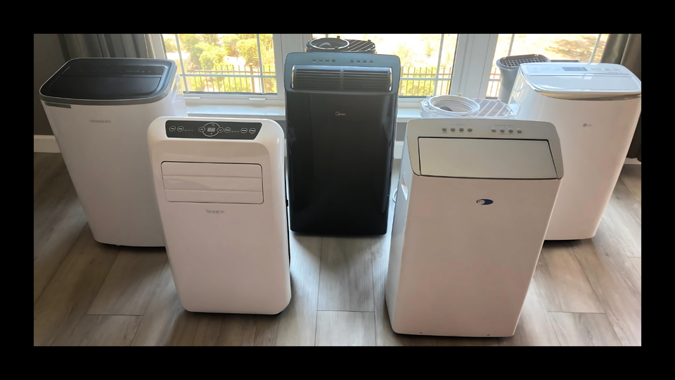 original photo of 5 portable air conditioners against bright window with black border