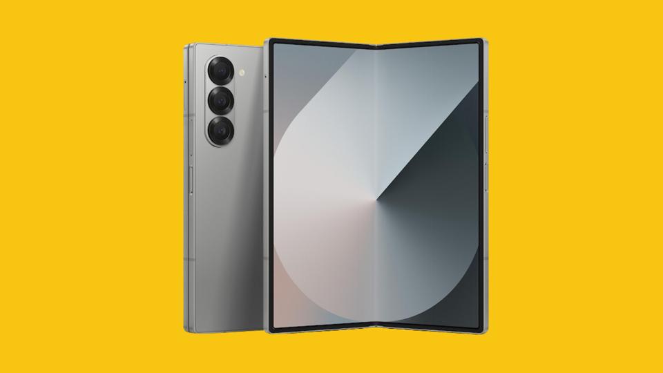 The Samsung Galaxy Z Fold 6 in grey against a bright yellow background.