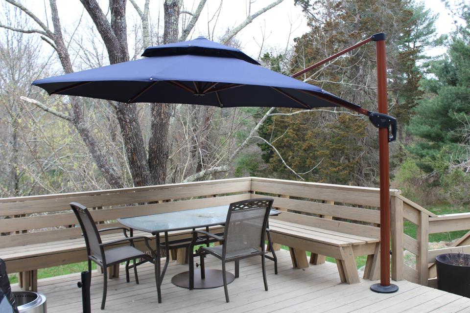 Purple Leaf Cantilever Patio Umbrella on deck