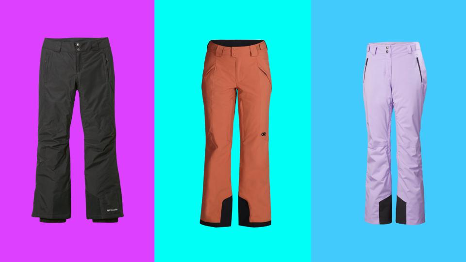 Three pairs of women's ski pants on bright backgrounds