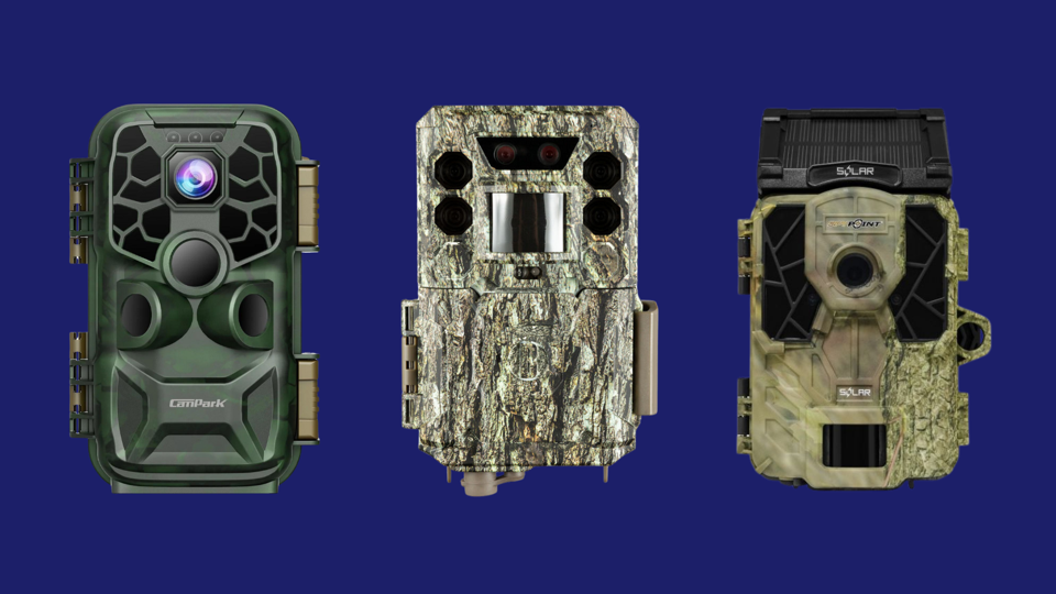 Three of the best trail cameras against a blue background.