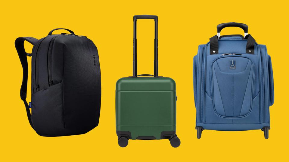 A black backpack, a green suitcase and a blue suitcase on a yellow background.