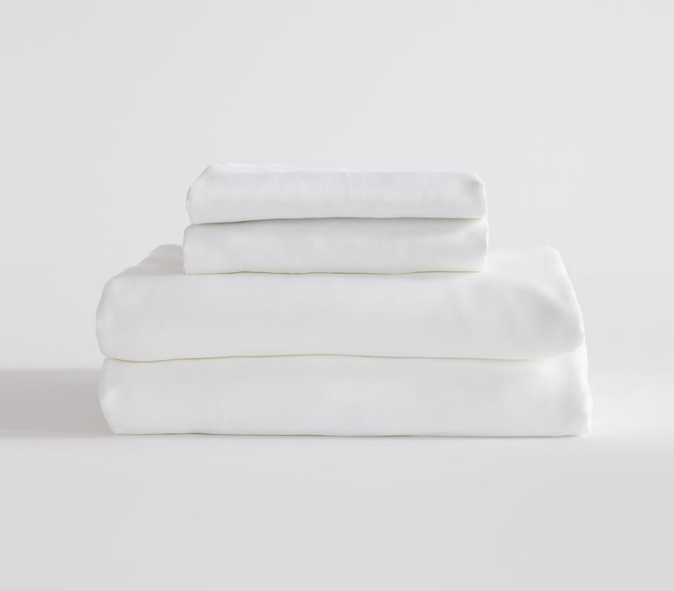 Quince Bamboo Sheet Set stacked and folded on a white background.