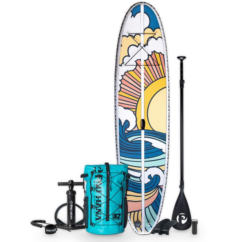 Pau Hana Big EZ Air Stowaway paddle board with a sun and water design