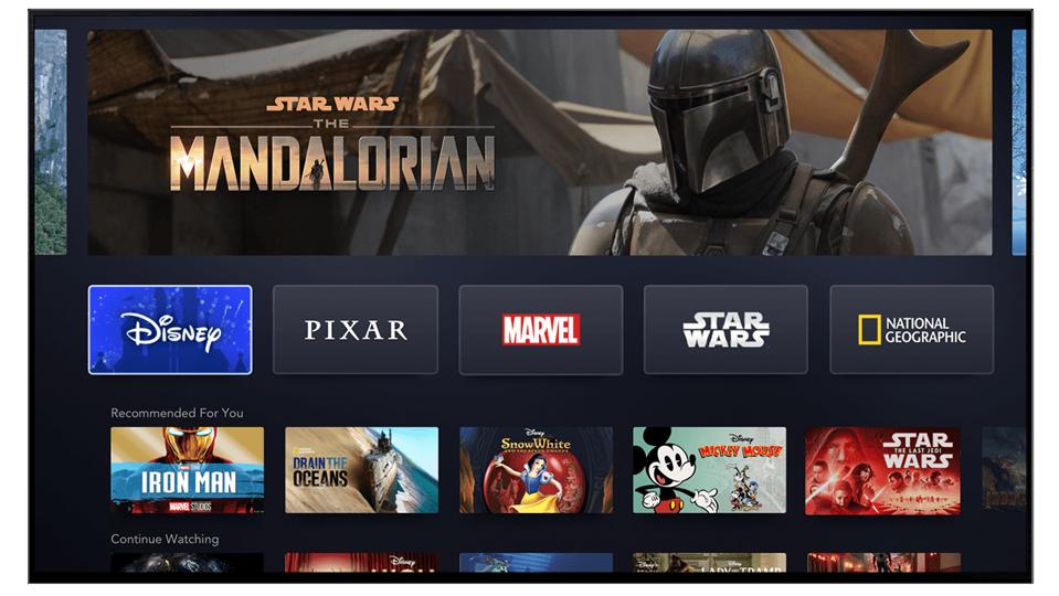 User interface of Disney&plus; with content from Disney, Pixar, Marvel, Star Wars, and more.