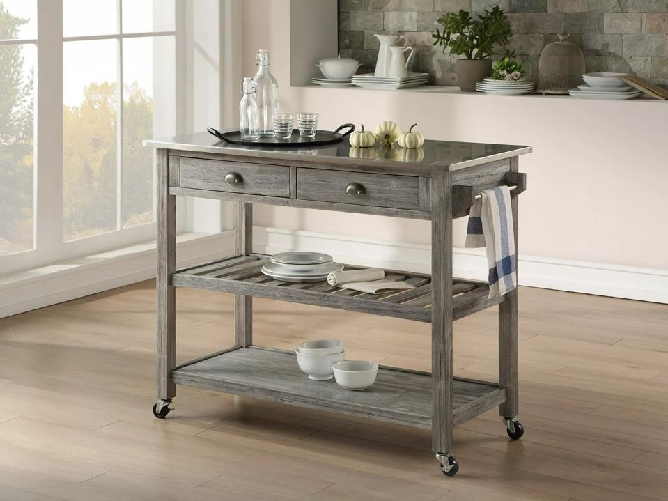 Boraam Sonoma Wood Kitchen Cart in a white kitchen with a serving tray on top