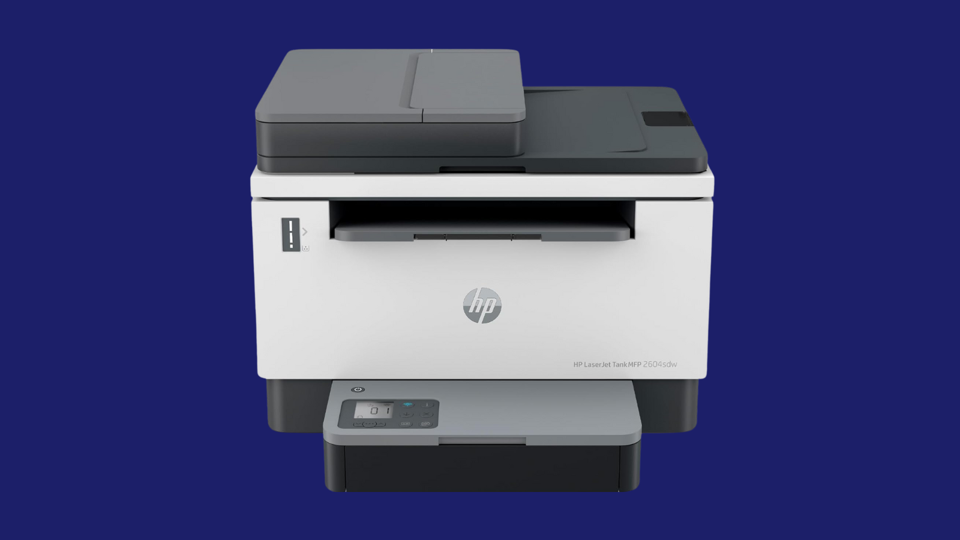 An HP InkJet printer in white on a blue background