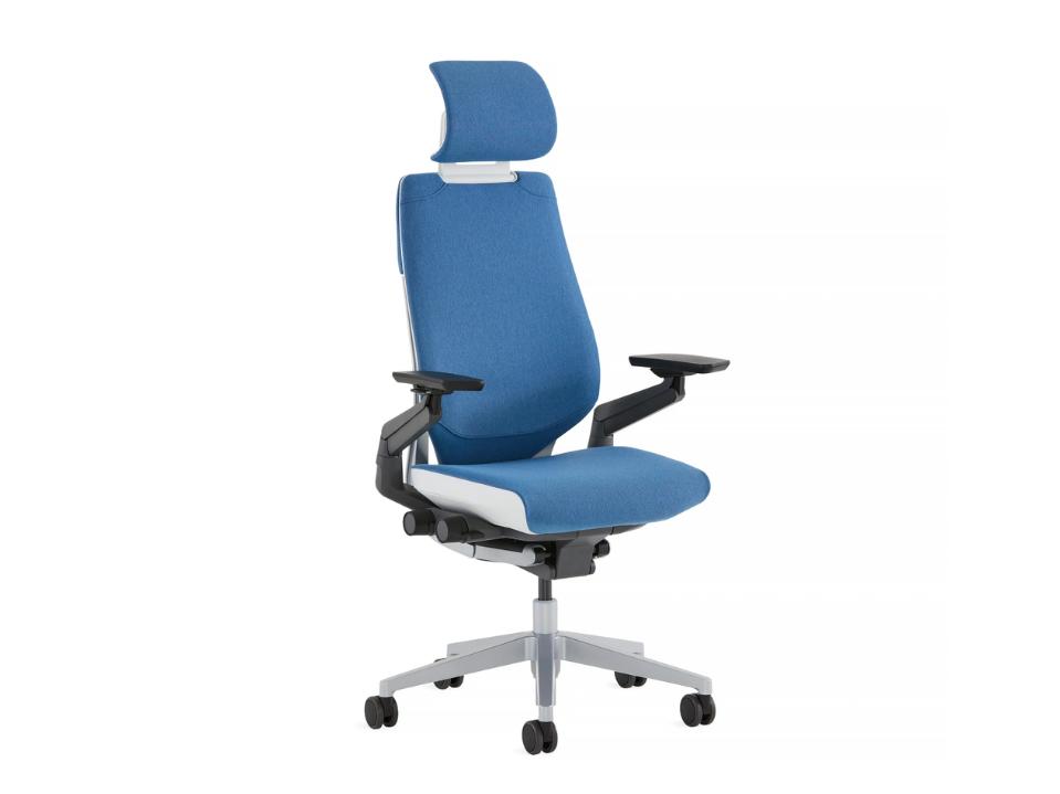 steelcase gesture office chair with headrest in light blue on white background