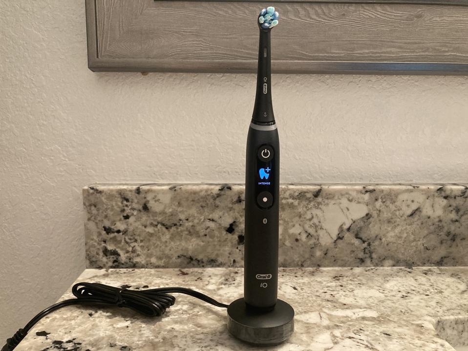 The Oral-B iO Series 7G Electric Toothbrush on a bathroom counter.