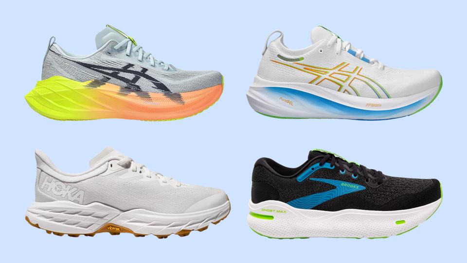 Four different running shoe models for runners with high arches on a light blue background