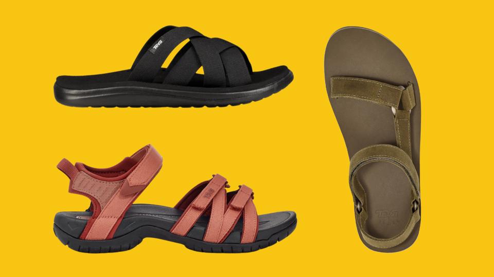 Collage with three different styles of Teva sandals on a yellow background.