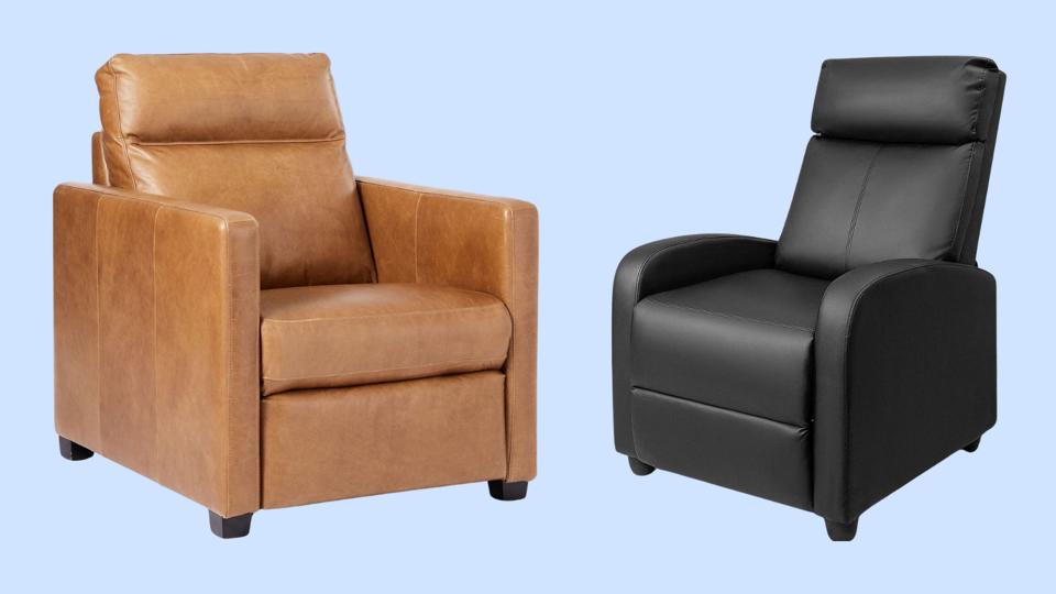 Two recliners in brown and black leather against a light blue backdrop. 