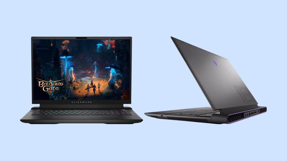 Two pictures of a black Alienware gaming laptop on a light blue background