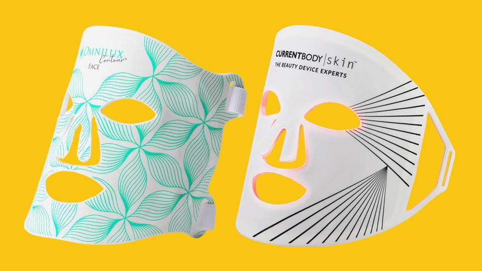 CurrentBody Skin LED Light Therapy Face Mask and Omnilux Contour Face against yellow background