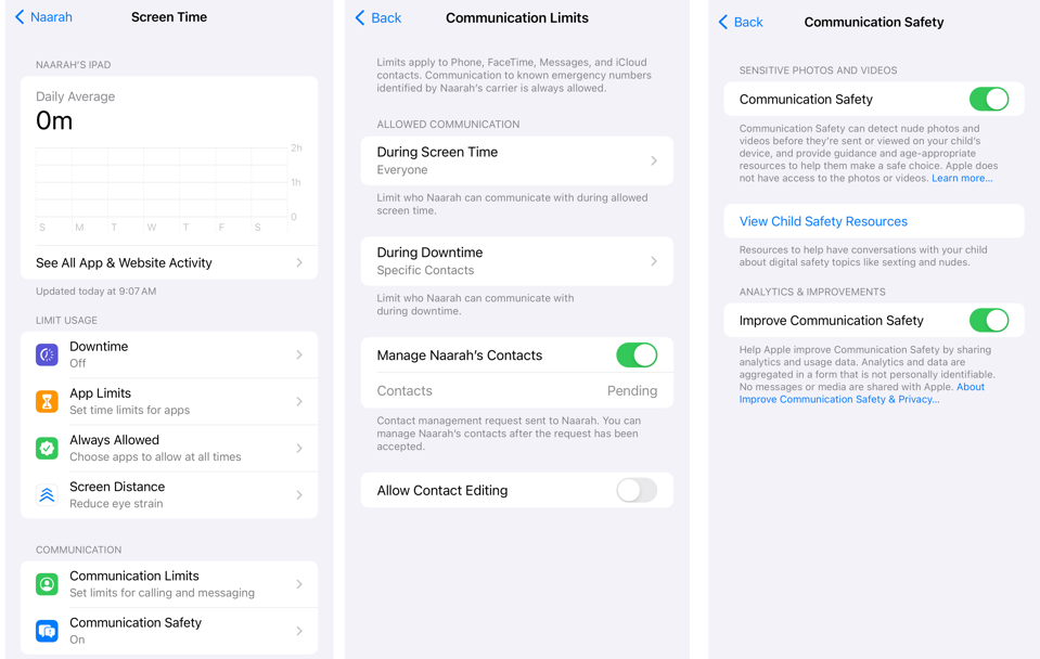 Screenshots of "Screen Time," "Communication Limits" and "Communication Safety" settings for a 5-year-old's iPad