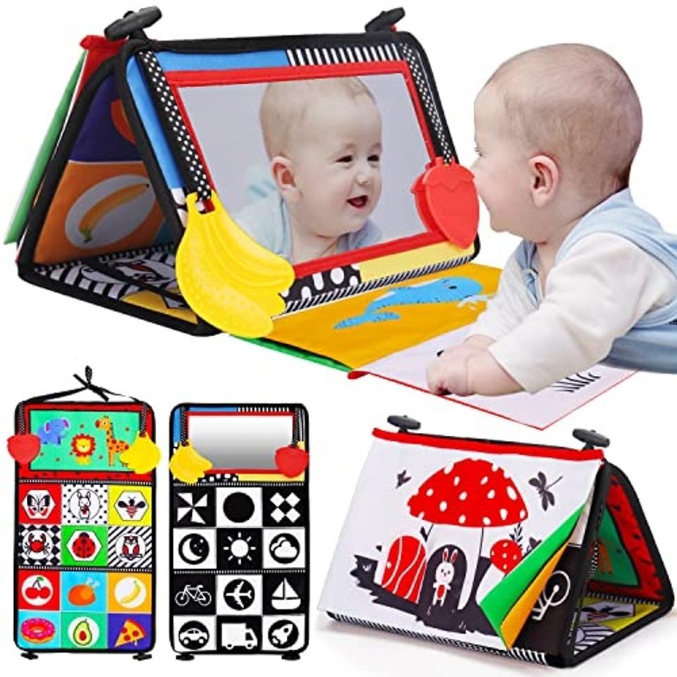 Tummy Time Baby Mirror with crinkle toys and high contrast features.