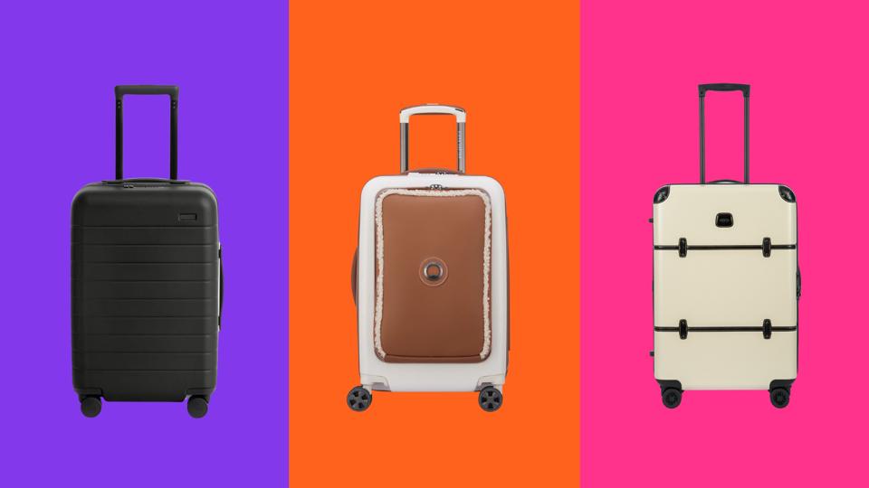 Three suitcases on colored backgrounds.