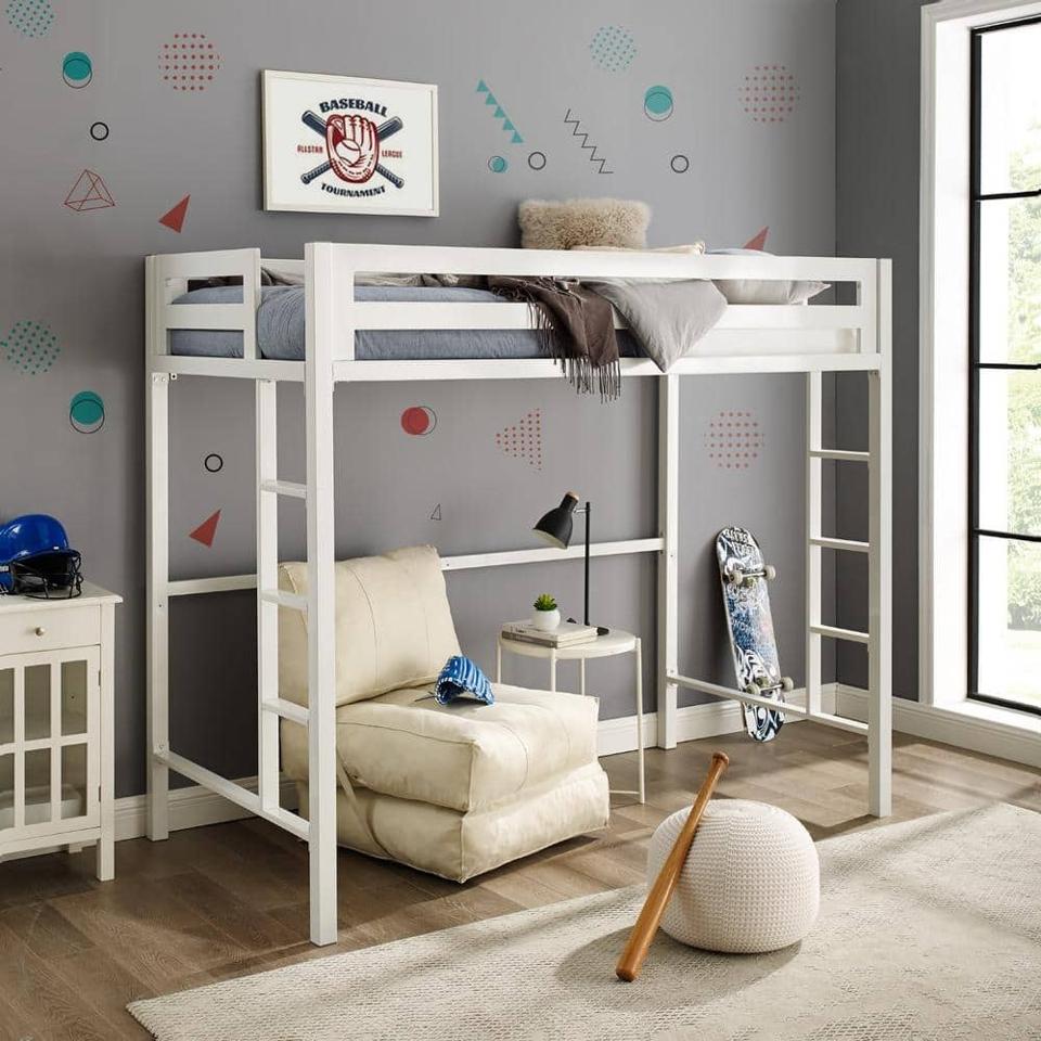 Walker Edison Premium Deluxe Twin Metal Loft Bed in white in a baseball-themed bedroom