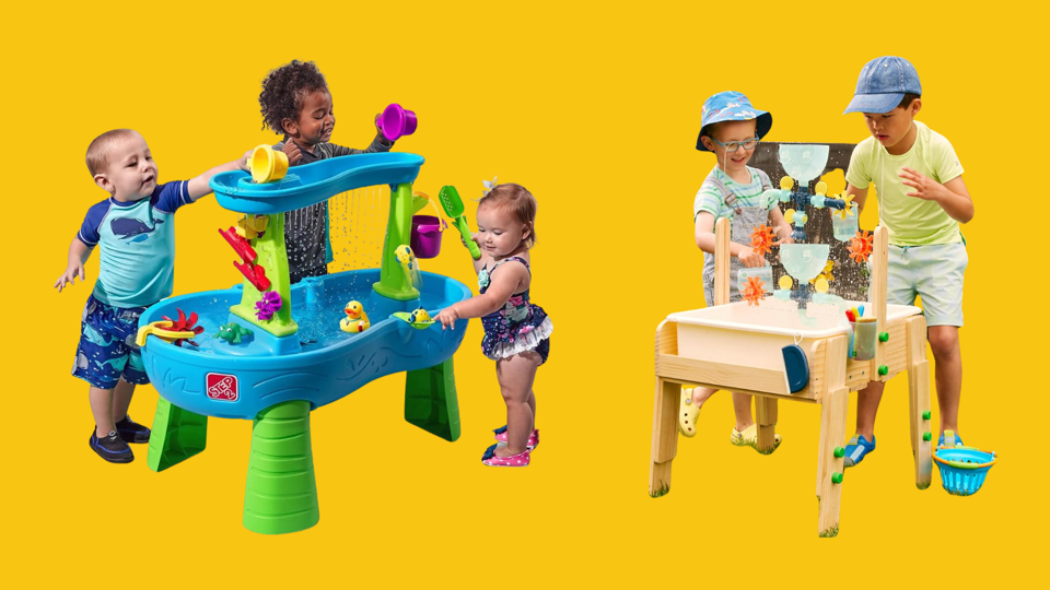 2 water tables w/ toddlers and older kids playing water on them on yellow background forbes