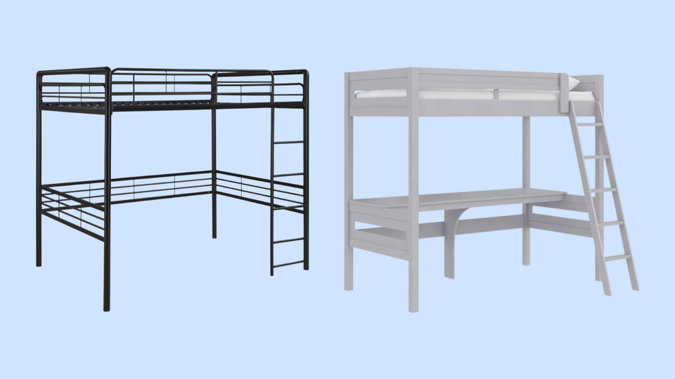 one black metal loft bed frame with a wooden loft bed frame against a blue background.