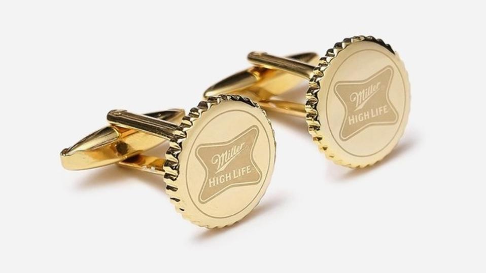 Tie Bar x Miller High Life Gold Bottle Cap Cufflinks on white background