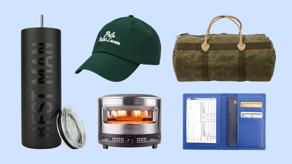 Best Man tumbler, Ralph Lauren hat, Royce passport case, L.L.Bean bag on blue background