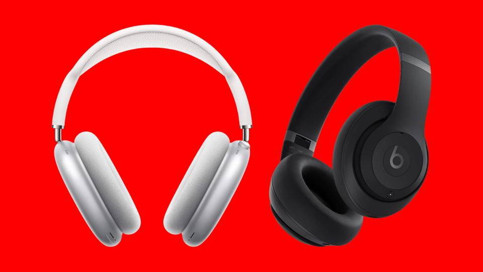 Two of the best over ear headphones for working out on a bright red background.