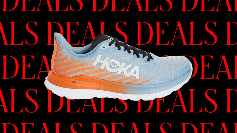 A blue and orange Hoka sneaker on a black and red background with the word "deals" repeated