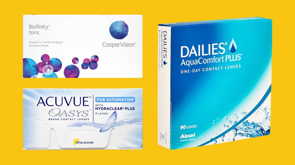 Three boxes of contact lenses against a bright yellow background