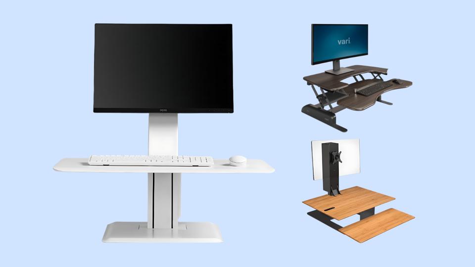 Three of the best standing desk converters against a light blue background