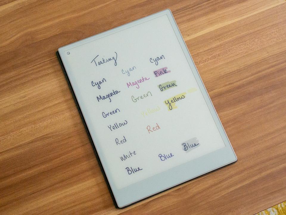 Various texts in different colors on the reMarkable Paper Pro tablet.